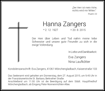 Traueranzeige von Hanna Zangers von Rheinische Post