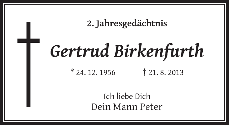 Traueranzeige für Gertrud Birkenfurth vom 21.08.2015 aus Rheinische Post