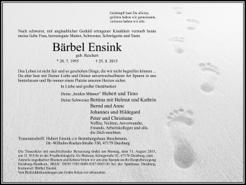 Traueranzeige von Bärbel Ensink von Rheinische Post