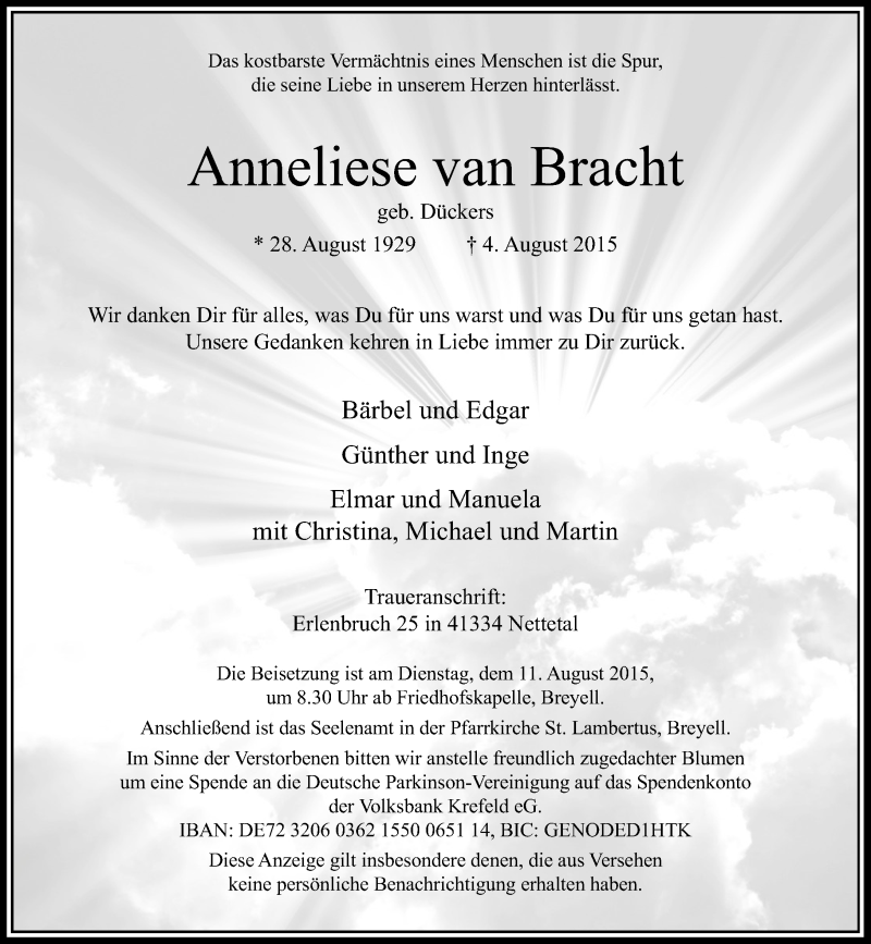  Traueranzeige für Anneliese van Bracht vom 08.08.2015 aus Rheinische Post