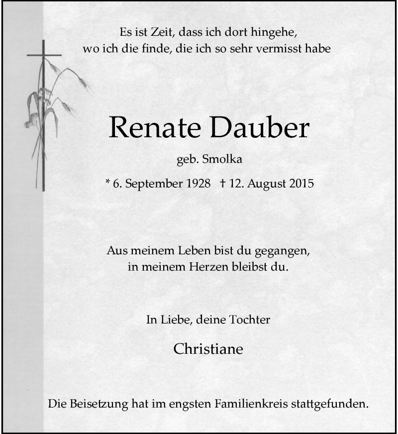  Traueranzeige für Renate Dauber vom 29.08.2015 aus Rheinische Post