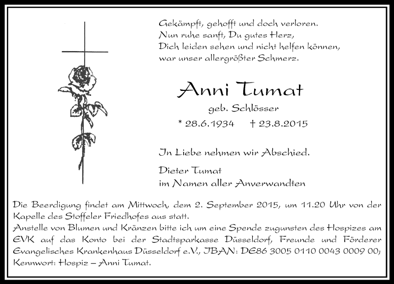  Traueranzeige für Anni Tumat vom 29.08.2015 aus Rheinische Post