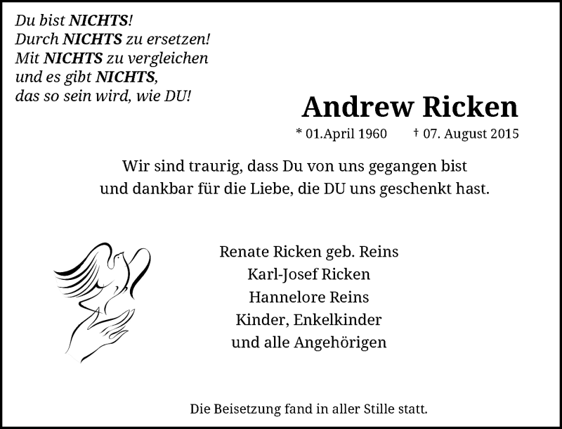  Traueranzeige für Andrew Ricken vom 29.08.2015 aus Rheinische Post