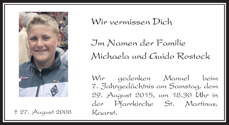  Traueranzeige für Manuel Rostock vom 27.08.2015 aus Rheinische Post