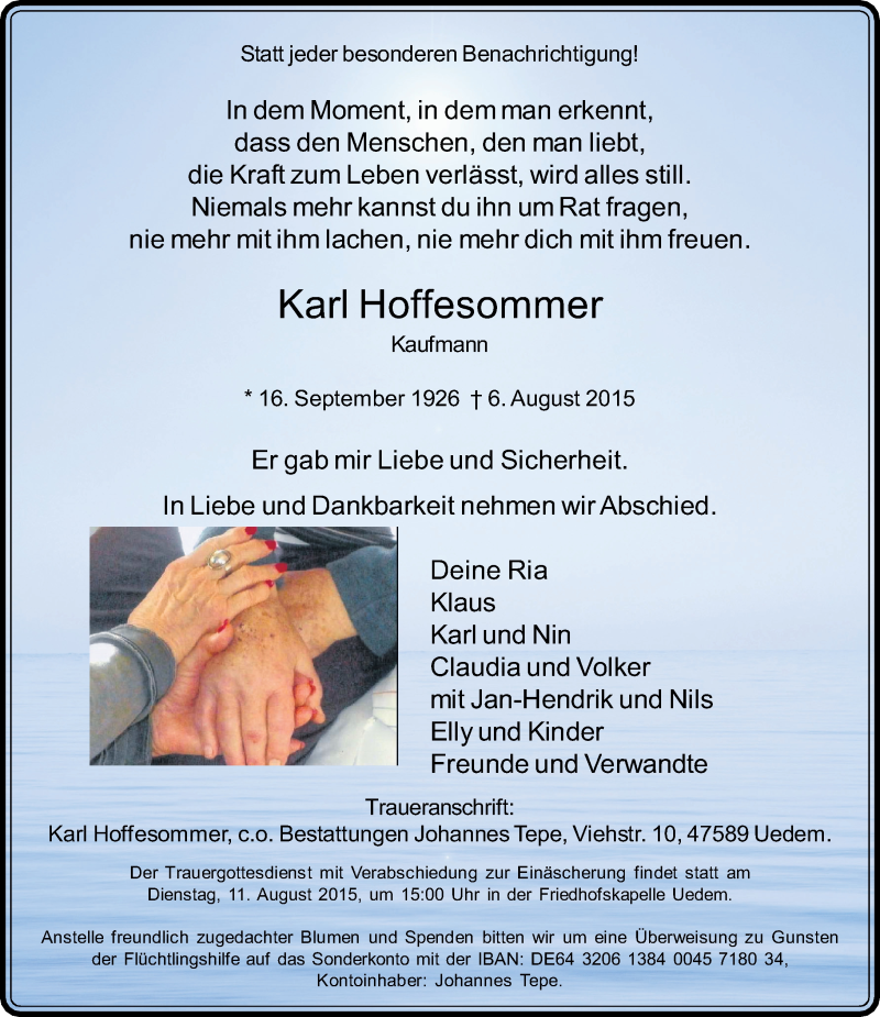  Traueranzeige für Karl Hoffesommer vom 08.08.2015 aus Rheinische Post
