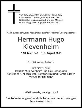 Traueranzeige von Hermann Hugo Kievenheim von Rheinische Post