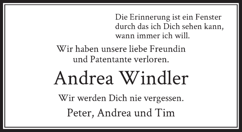  Traueranzeige für Andrea Windler vom 22.08.2015 aus Rheinische Post