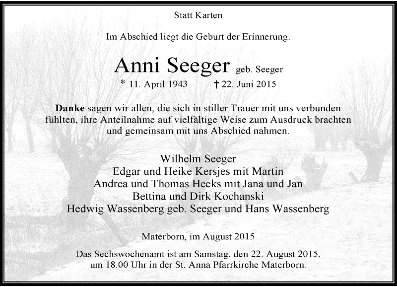  Traueranzeige für Anni Seeger vom 15.08.2015 aus Rheinische Post