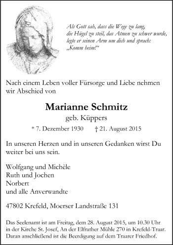 Traueranzeige von Marianne Schmitz von Rheinische Post
