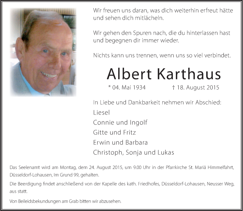  Traueranzeige für Albert Karthaus vom 22.08.2015 aus Rheinische Post