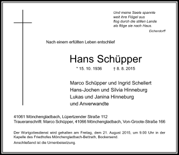 Traueranzeige von Hans Schüpper von Rheinische Post