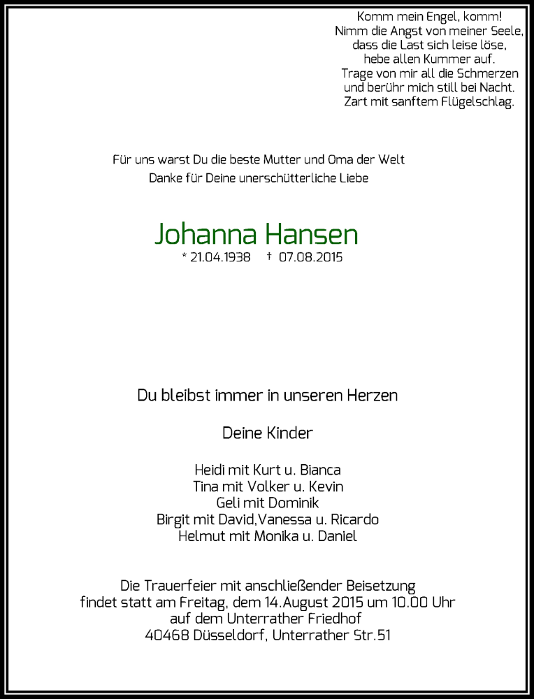  Traueranzeige für Johanna Hansen vom 12.08.2015 aus Rheinische Post