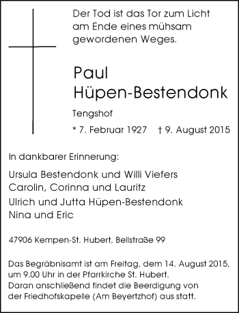Traueranzeige von Paul Hüpen-Bestendonk von Rheinische Post