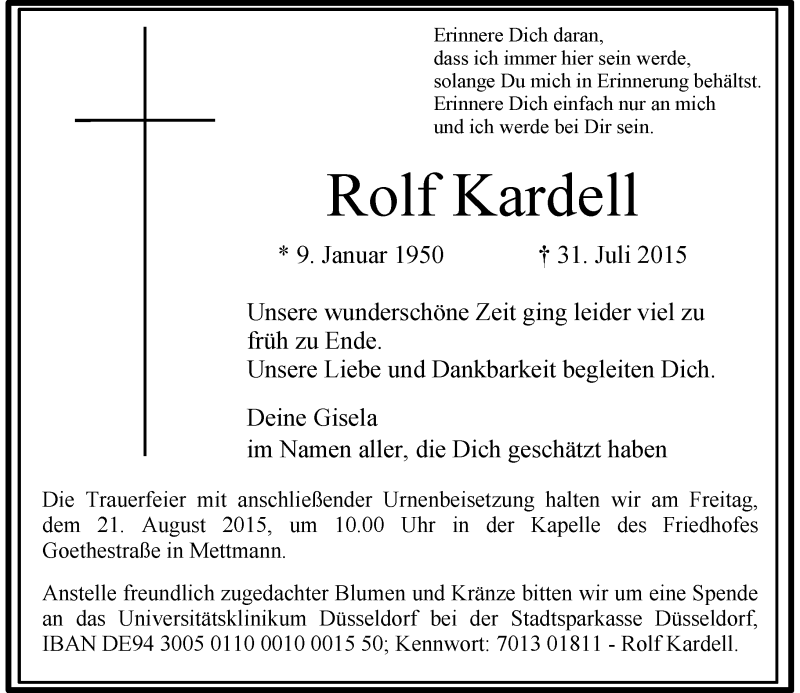  Traueranzeige für Rolf Kardell vom 19.08.2015 aus Rheinische Post