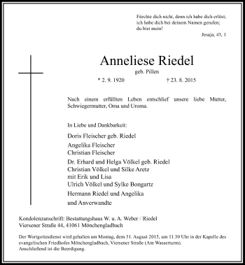 Traueranzeige von Anneliese Riedel von Rheinische Post