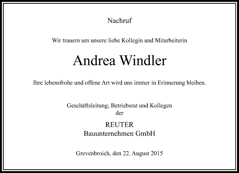  Traueranzeige für Andrea Windler vom 22.08.2015 aus Rheinische Post