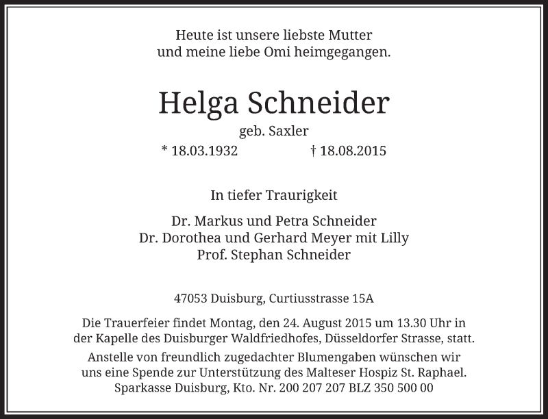  Traueranzeige für Helga Schneider vom 21.08.2015 aus Rheinische Post