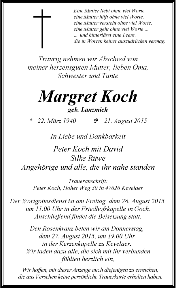  Traueranzeige für Margret Koch vom 26.08.2015 aus Rheinische Post