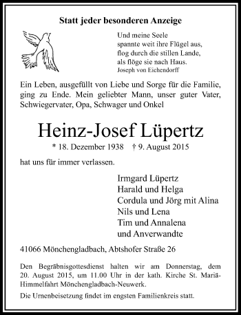 Traueranzeige von Heinz-Josef Lüpertz von Rheinische Post