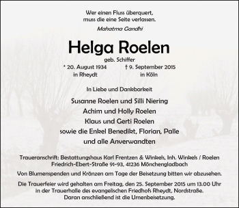 Traueranzeige von Helga Roelen von Rheinische Post