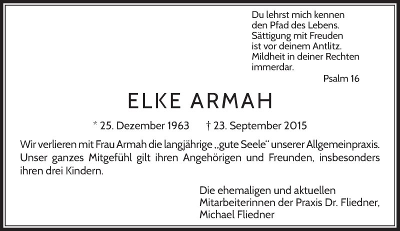  Traueranzeige für Elke Armah vom 25.09.2015 aus Rheinische Post