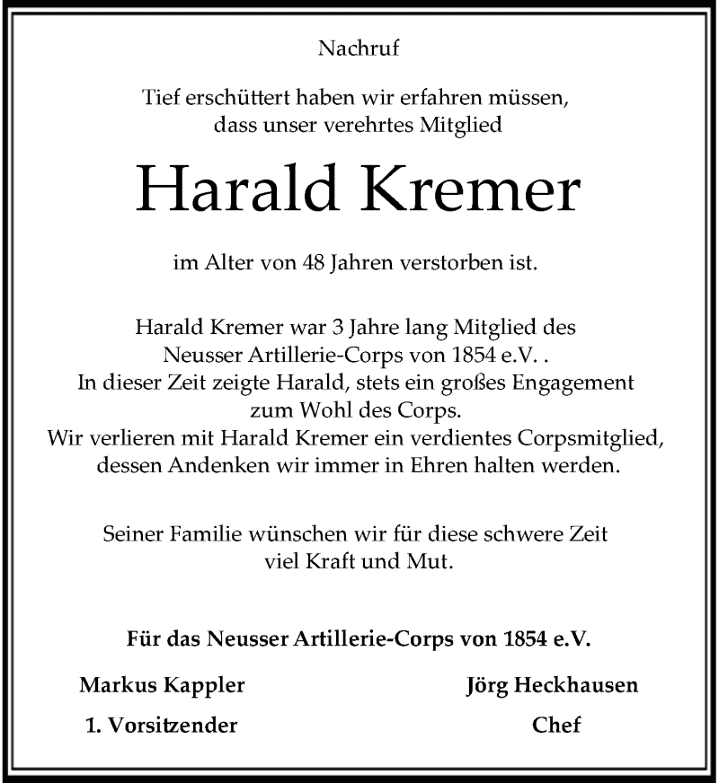  Traueranzeige für Harald Kremer vom 16.09.2015 aus Rheinische Post