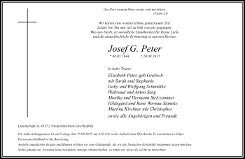 Traueranzeige von Josef G. Peter von Rheinische Post