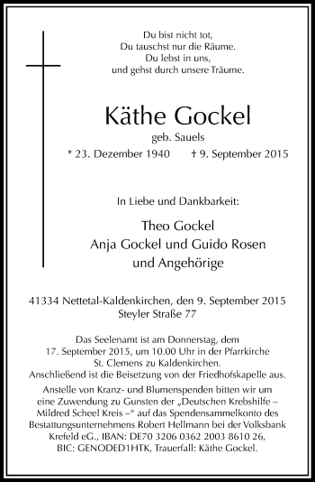 Traueranzeige von Käthe Gockel von Rheinische Post