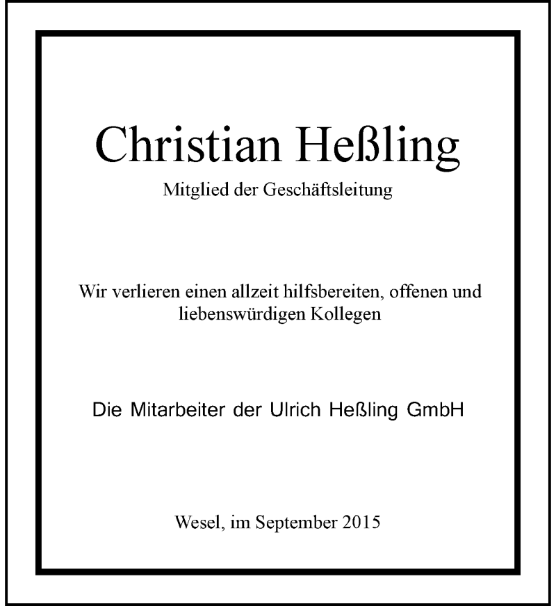  Traueranzeige für Christian Heßling vom 02.09.2015 aus Rheinische Post