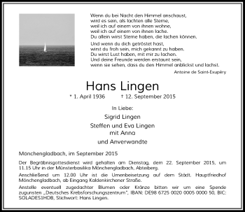 Traueranzeige von Hans Lingen von Rheinische Post