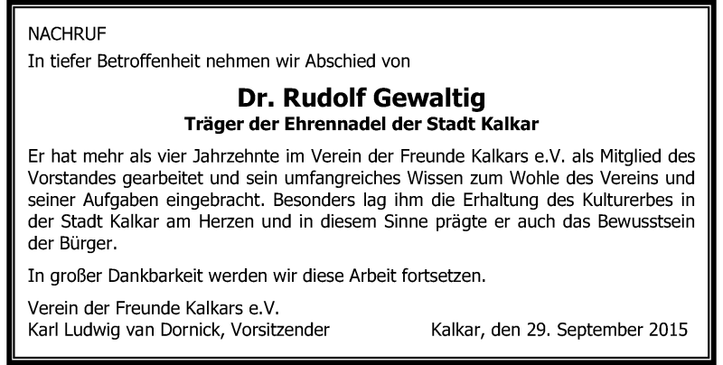  Traueranzeige für Rudolf Gewaltig vom 30.09.2015 aus Rheinische Post