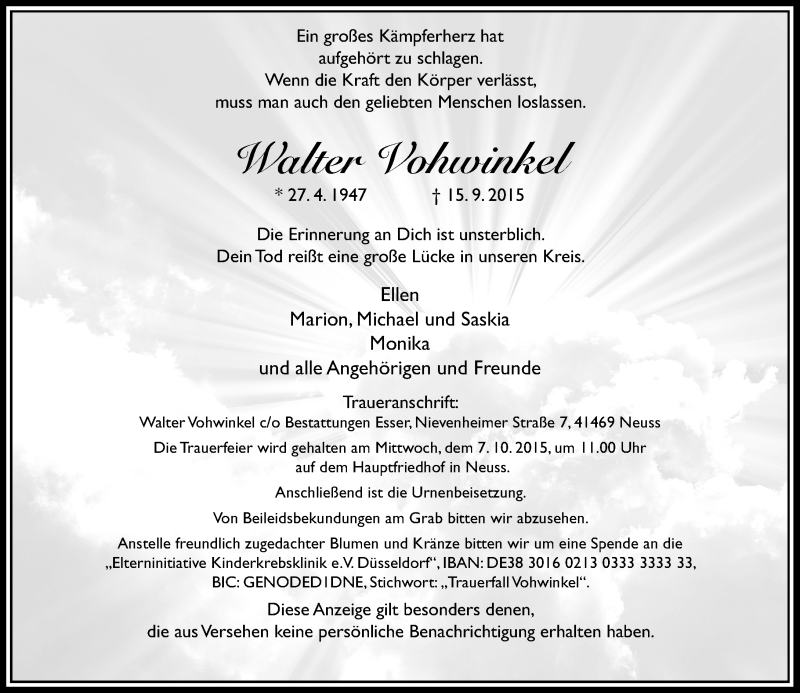  Traueranzeige für Walter Vohwinkel vom 26.09.2015 aus Rheinische Post