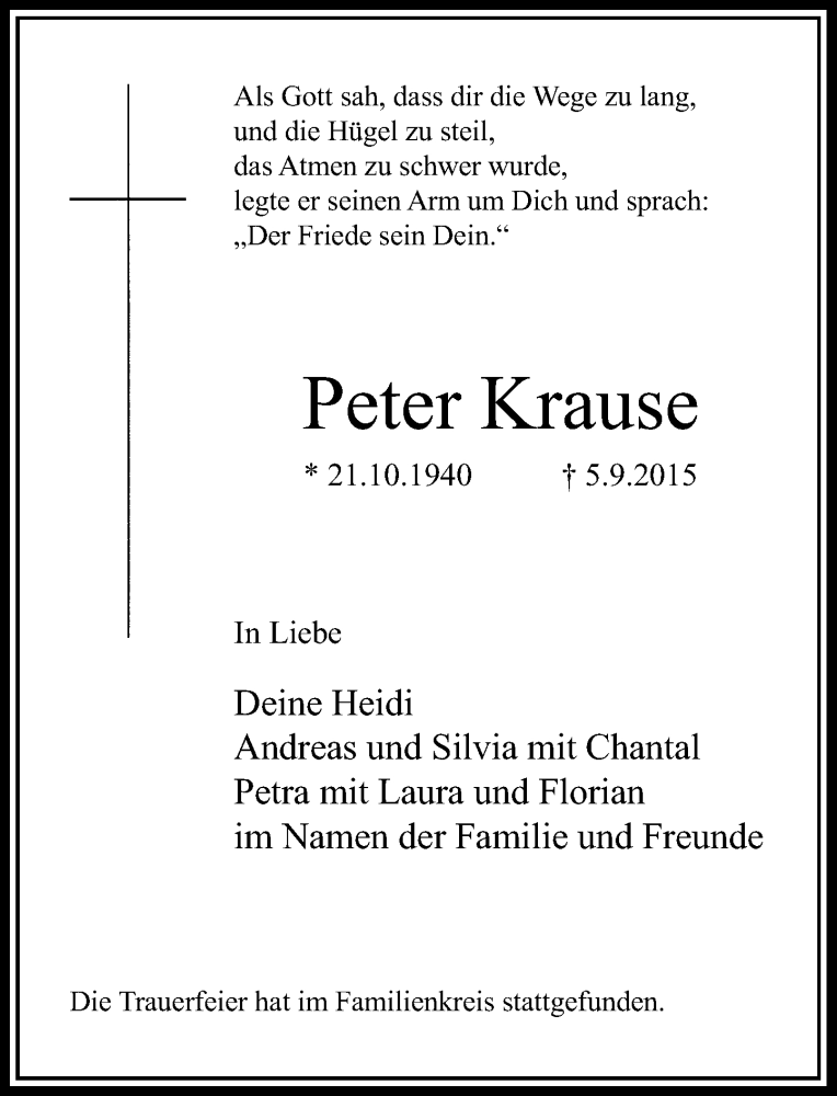  Traueranzeige für Peter Krause vom 12.09.2015 aus Rheinische Post