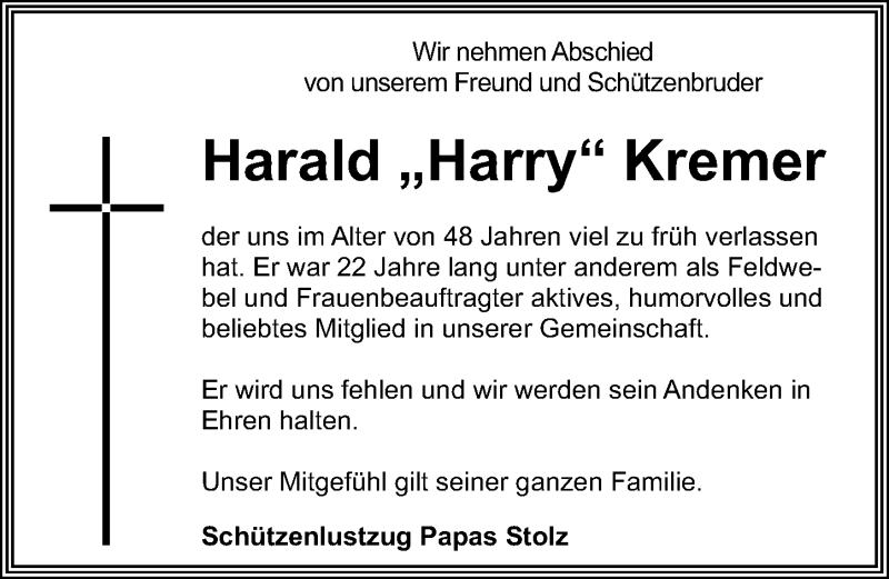  Traueranzeige für Harald Kremer vom 17.09.2015 aus Rheinische Post