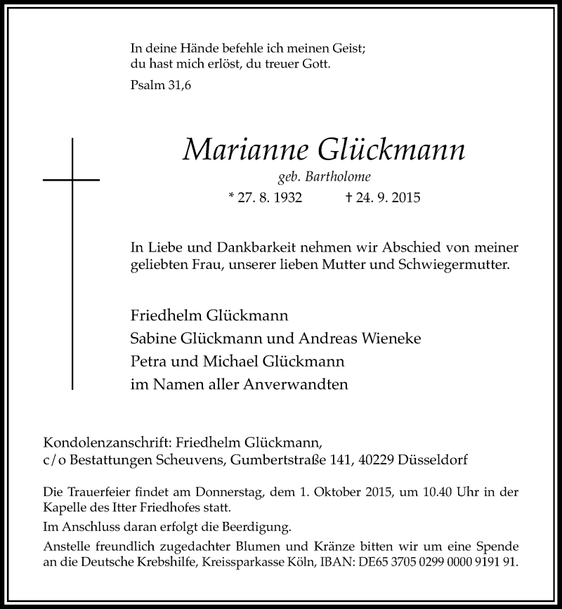  Traueranzeige für Marianne Glückmann vom 26.09.2015 aus Rheinische Post