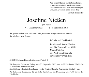 Traueranzeige von Josefine Nießen von Rheinische Post