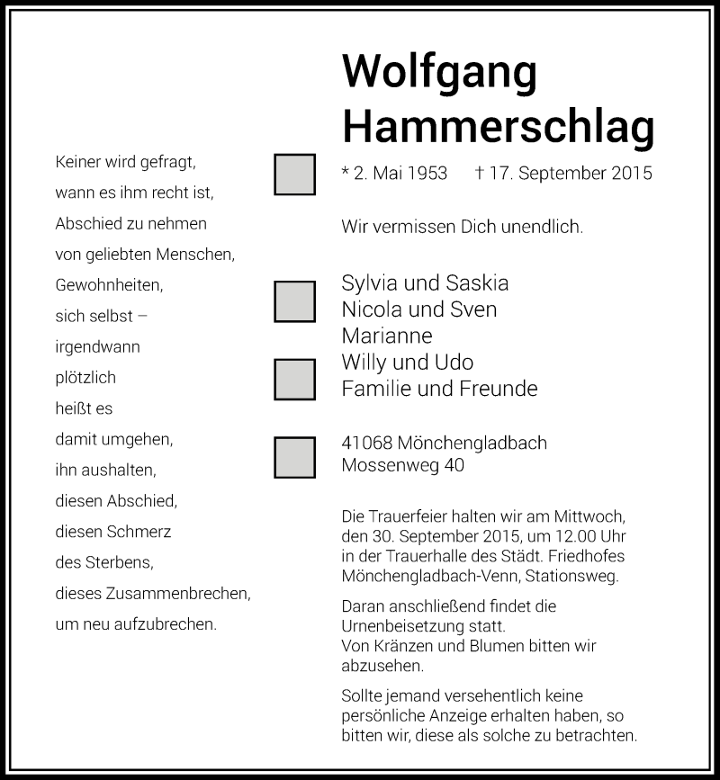  Traueranzeige für Wolfgang Hamerschlag vom 26.09.2015 aus Rheinische Post