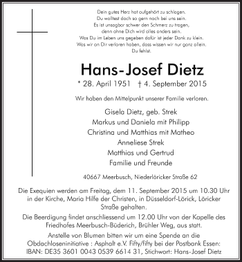 Traueranzeige von Hans-Josef Dietz von Rheinische Post