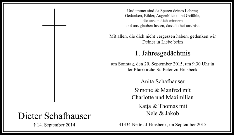  Traueranzeige für Dieter Schafhauser vom 14.09.2015 aus Rheinische Post