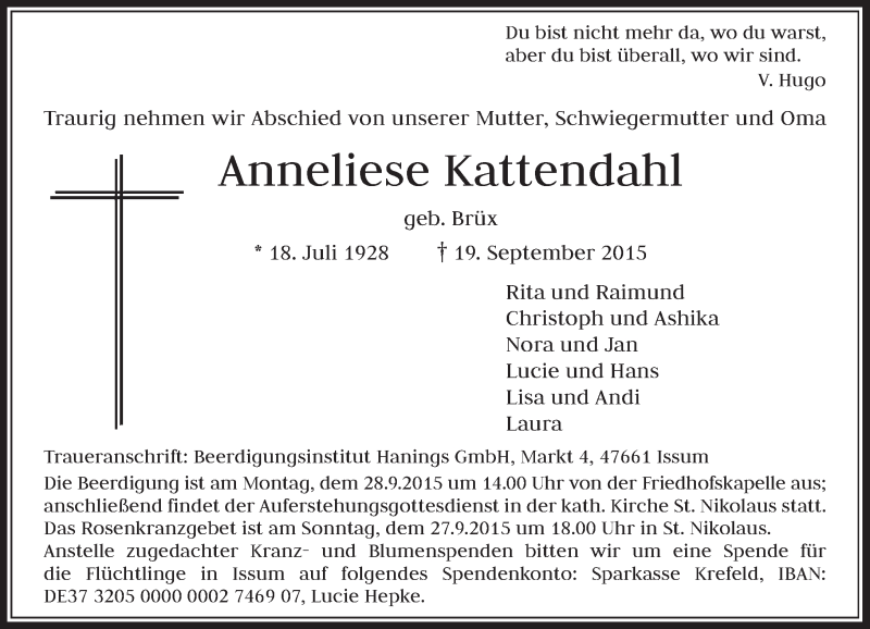  Traueranzeige für Anneliese Kattendahl vom 26.09.2015 aus Rheinische Post