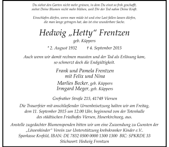 Traueranzeige von Hedwig Frentzen von Rheinische Post