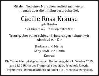 Traueranzeige von Cäcilie Rosa Krause von Rheinische Post