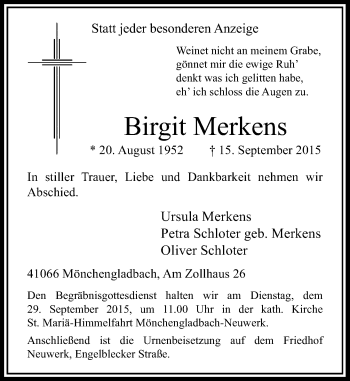 Traueranzeige von Birgit Merkens von Rheinische Post