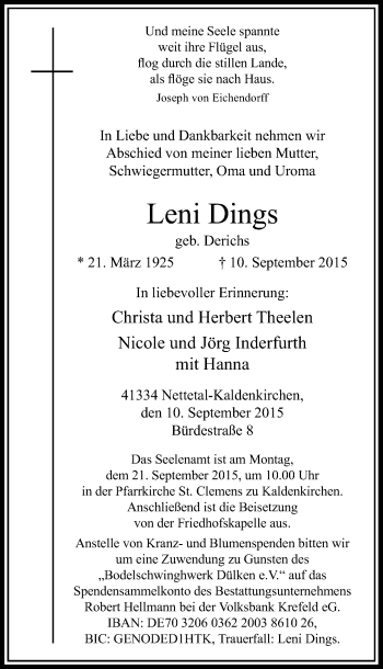 Traueranzeige von Leni Dings von Rheinische Post