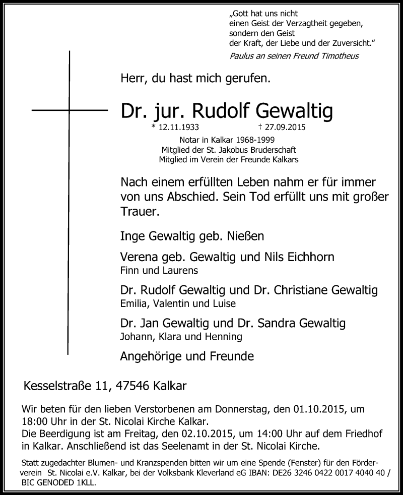  Traueranzeige für Rudolf Gewaltig vom 30.09.2015 aus Rheinische Post