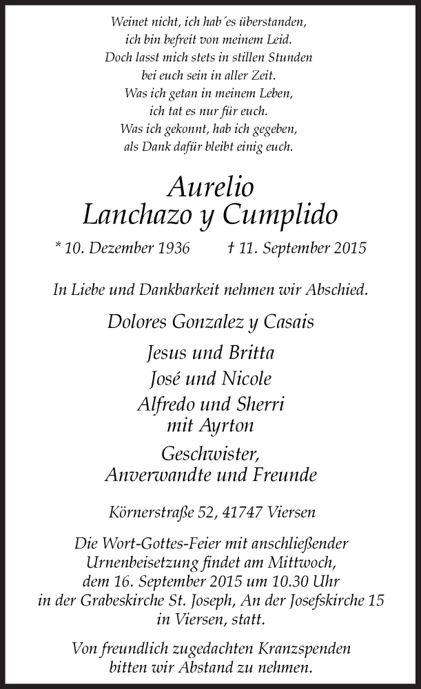  Traueranzeige für Aurelio Lanchazo y Cumplido vom 14.09.2015 aus Rheinische Post