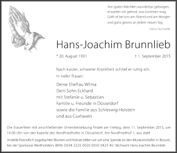 Traueranzeige von Hans-Joachim Brunnlieb von Rheinische Post