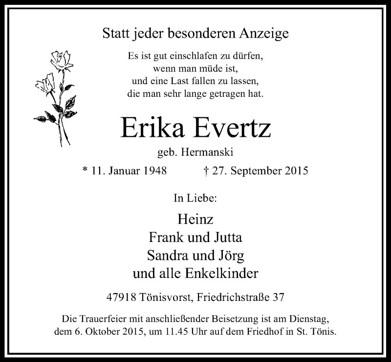  Traueranzeige für Erika Evertz vom 30.09.2015 aus Rheinische Post