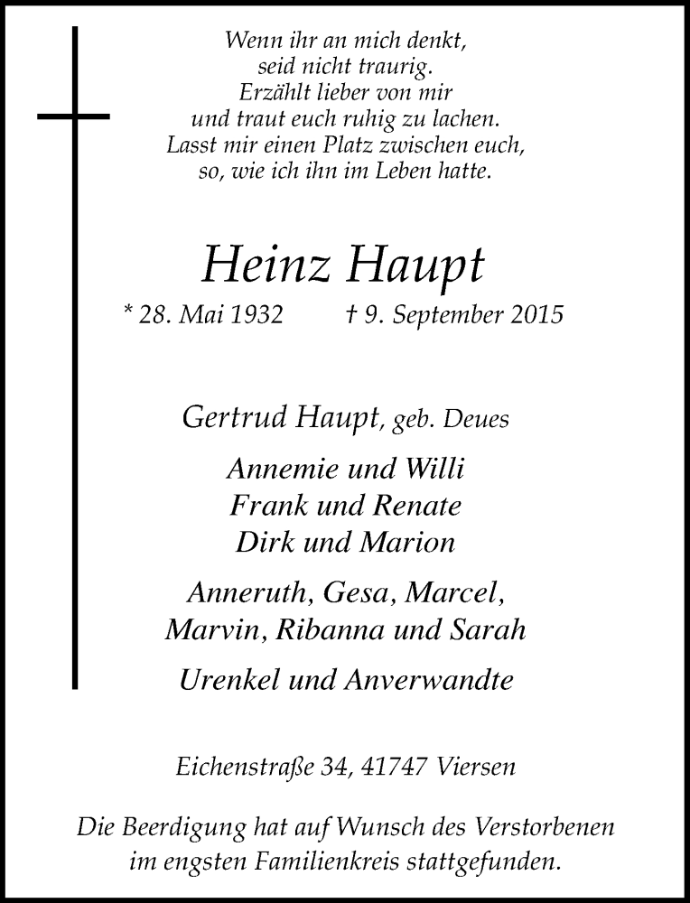  Traueranzeige für Heinz Haupt vom 17.09.2015 aus Rheinische Post
