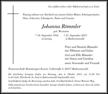 Traueranzeige von Johanna Römmler von Rheinische Post